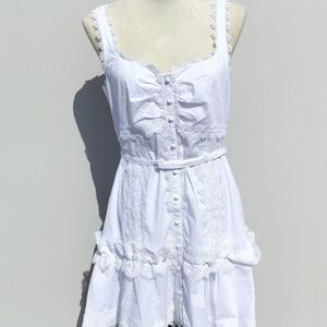 Cinq a Sept White Ruched Tiered Sleeveless Button Up Belted Sundress